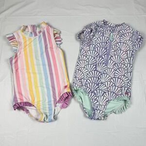 RuffleButts Girls One Piece Swimsuit Lot 2 Pastel Rainbow Shells Ruffle Size 5